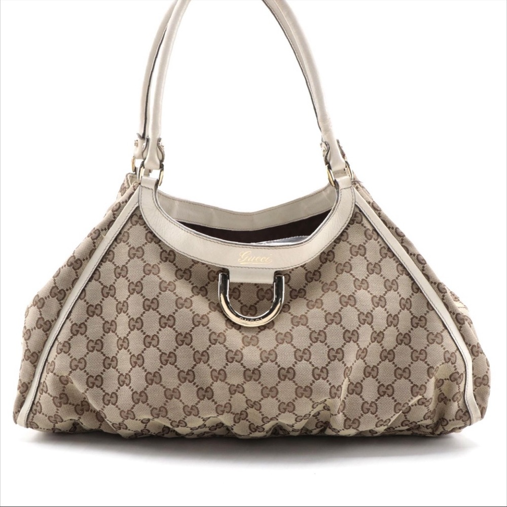 Gucci Abbey D-Ring Tote Bag in GG Canvas and Off-White Leather 100% authentic
